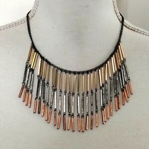 Mix metals dangle fringe bib statement necklace gold silver copper
